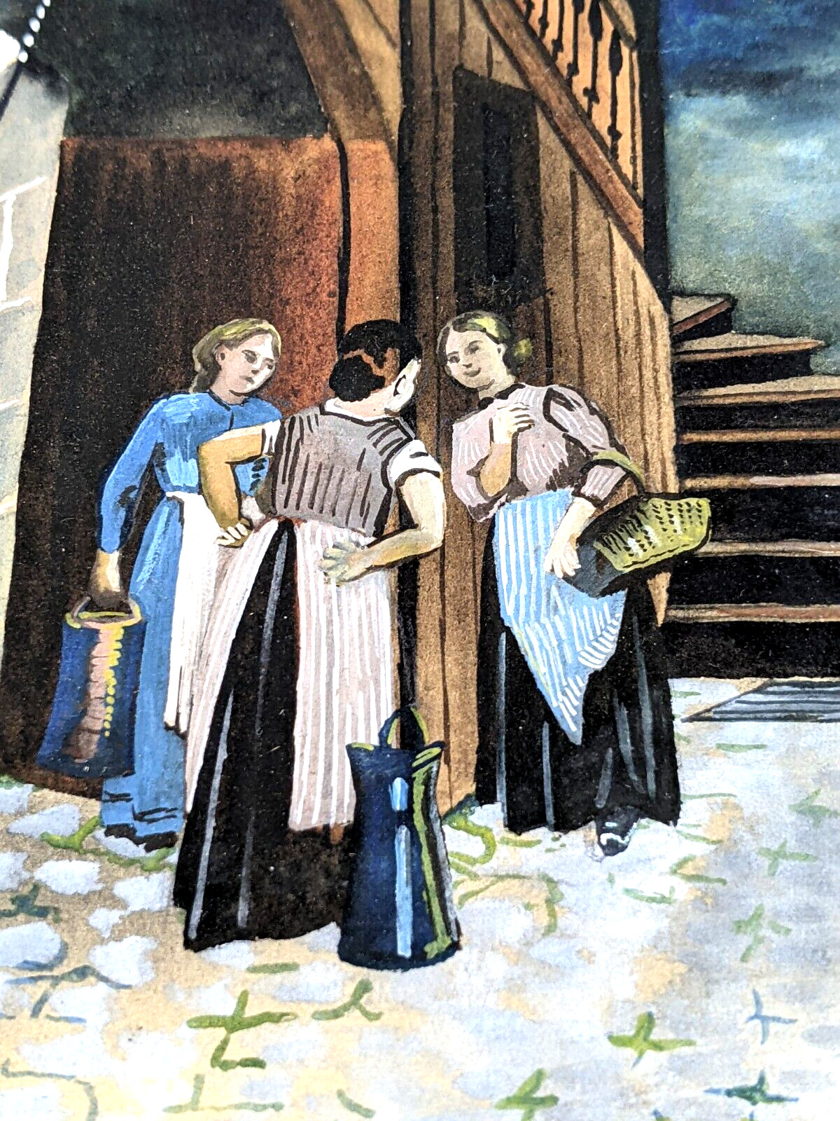 German Watercolor Painting: Ladies in Alley, Early 1900s