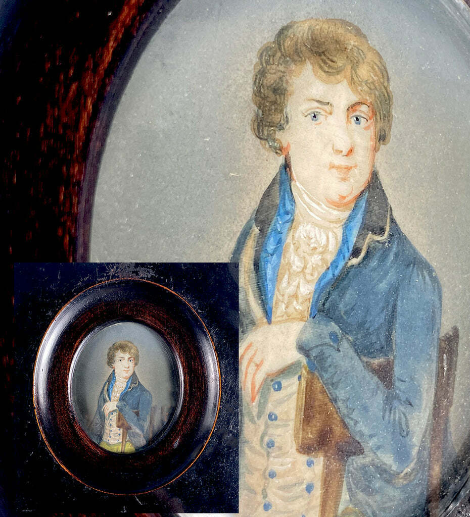 18th Century French Gentleman Miniature Portrait, Ebony Frame