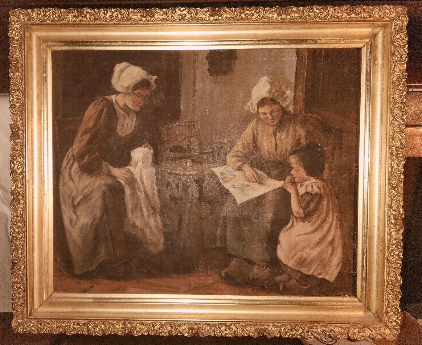 1800s Genre Painting: Young Girl Learning Colors - Rare