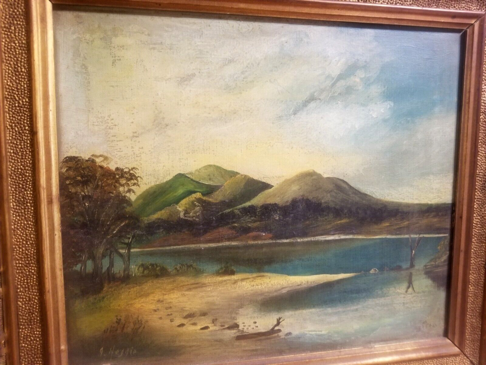 1800s Folk Art Mountain Lake Painting in Acorn Frame