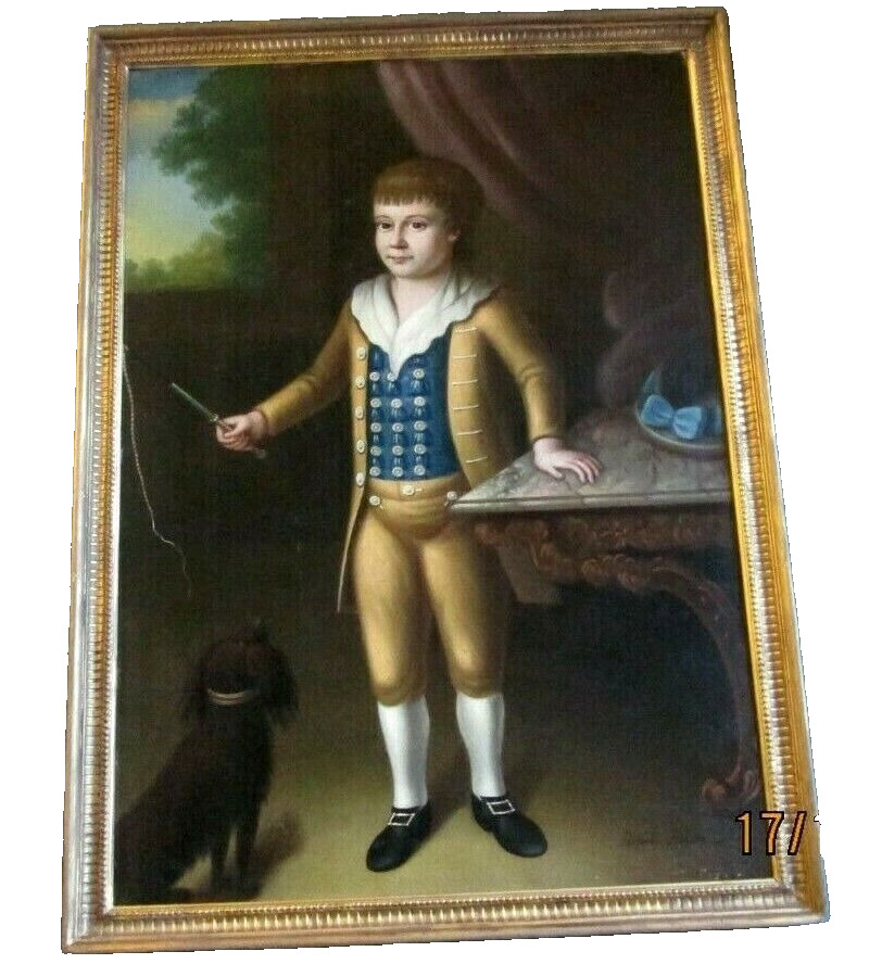 18th Century Framed American Portrait Painting - Boy with Dog