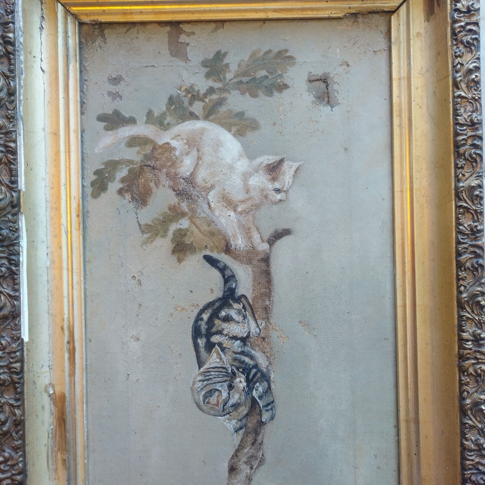 1800s Primitive American Folk Art Cat Kittens Painting