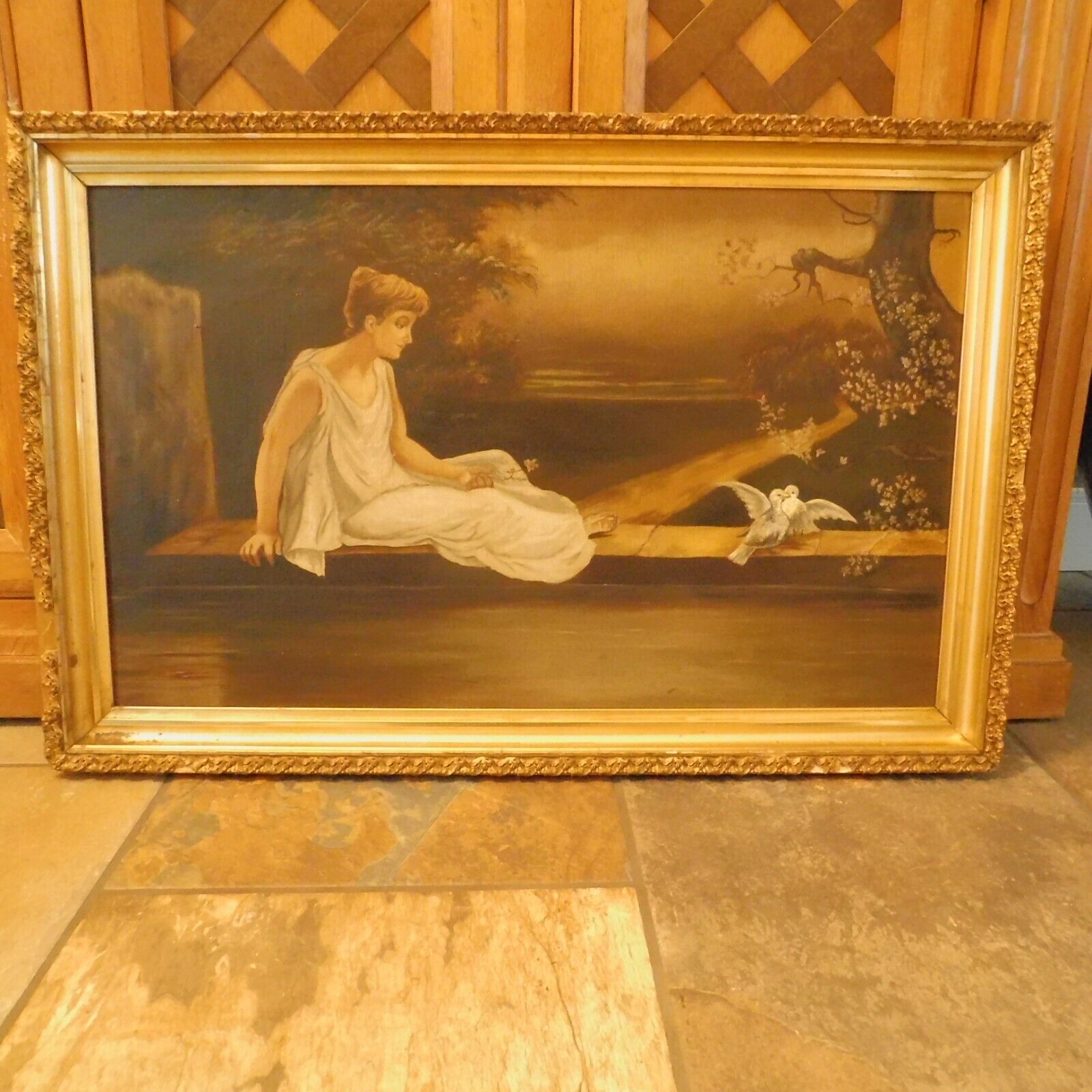 1800s Antique Oil Painting: Roman Greek Woman, Love Birds