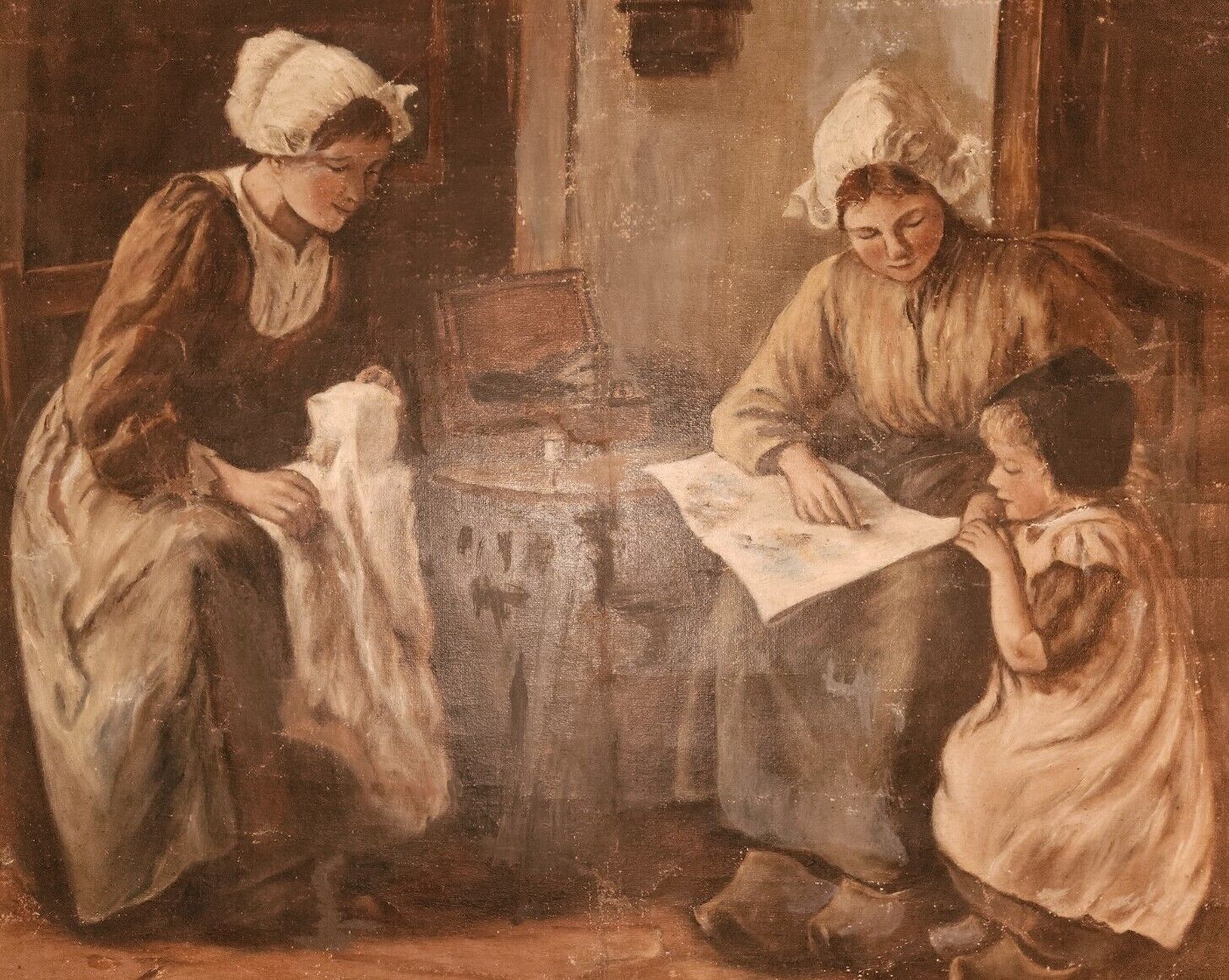 1800s Genre Painting: Young Girl Learning Colors - Rare