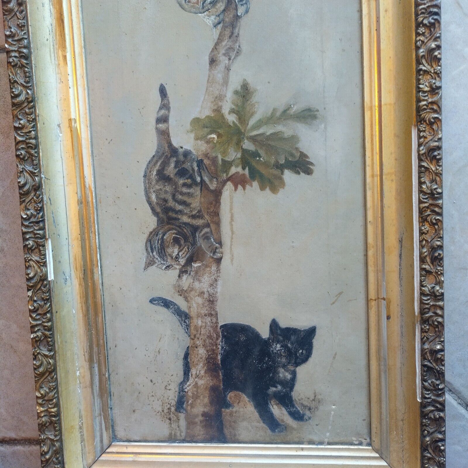 1800s Primitive American Folk Art Cat Kittens Painting