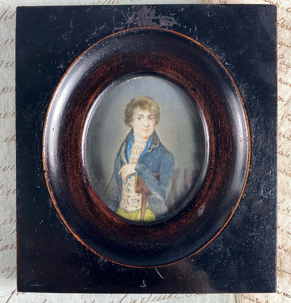 18th Century French Gentleman Miniature Portrait, Ebony Frame