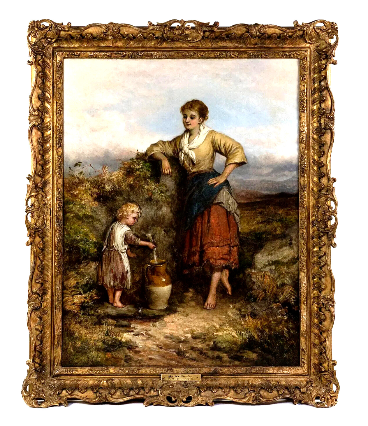 Figural Antique Painting by Frederick Kinnaird, "At the Spring