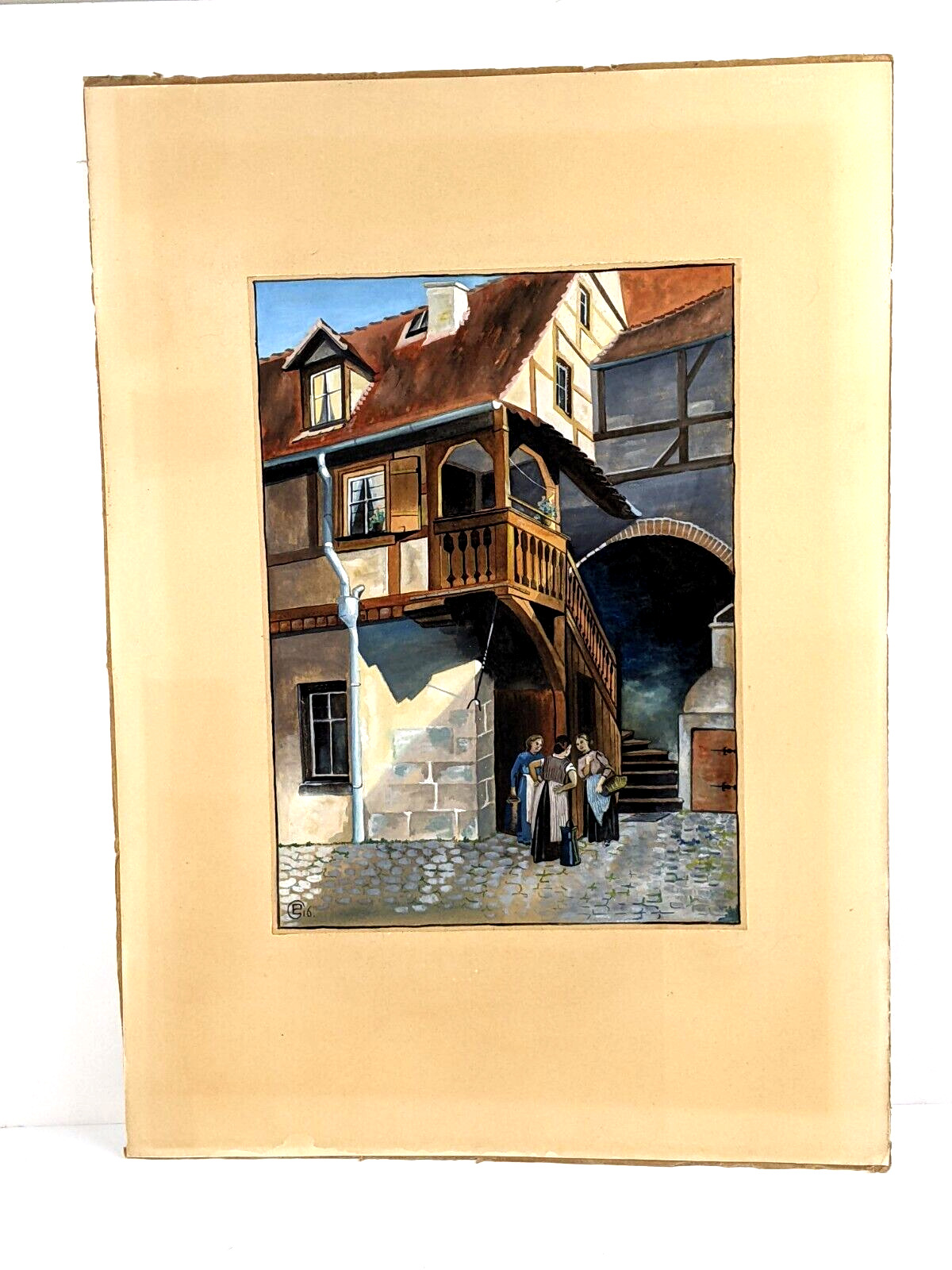 German Watercolor Painting: Ladies in Alley, Early 1900s
