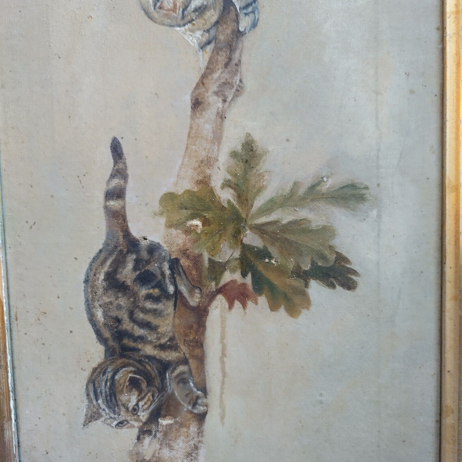 1800s Primitive American Folk Art Cat Kittens Painting