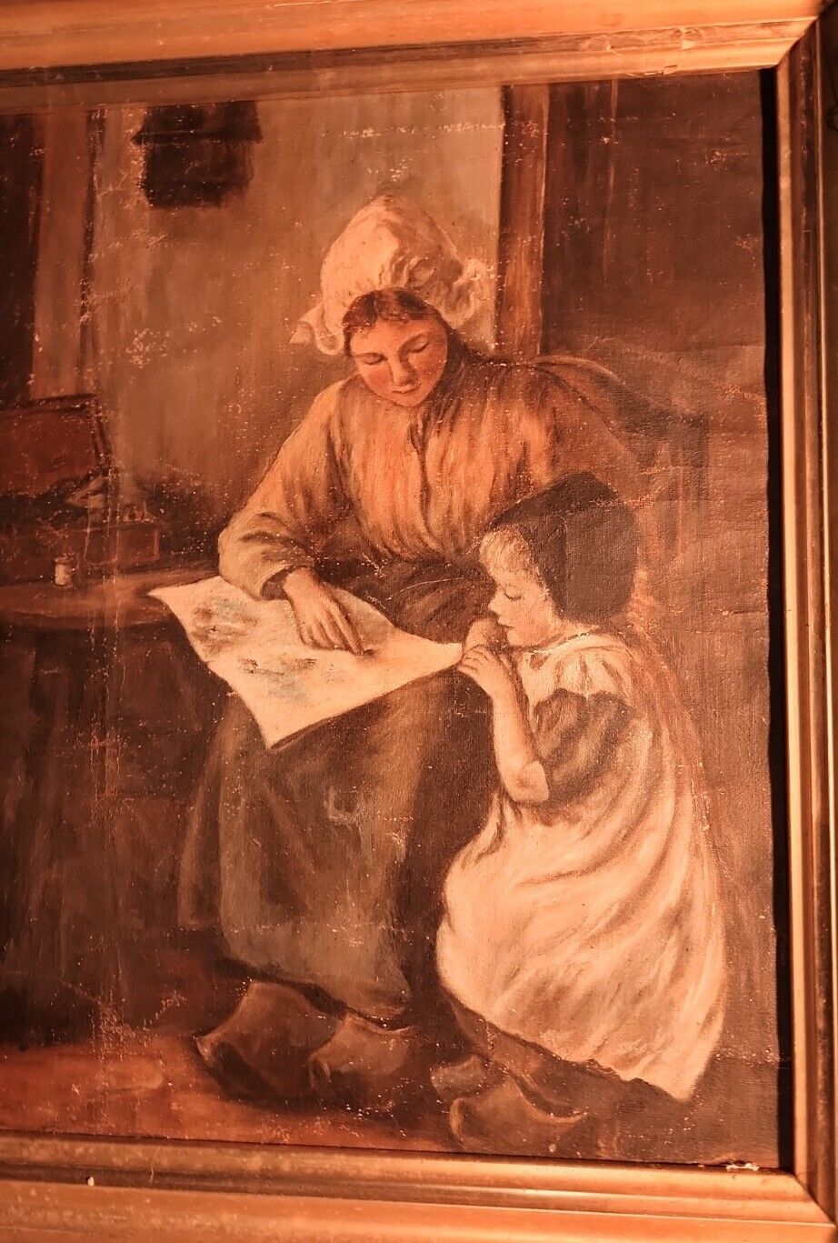 1800s Genre Painting: Young Girl Learning Colors - Rare