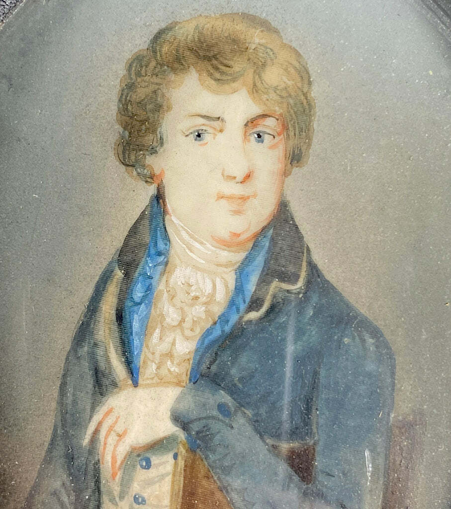 18th Century French Gentleman Miniature Portrait, Ebony Frame