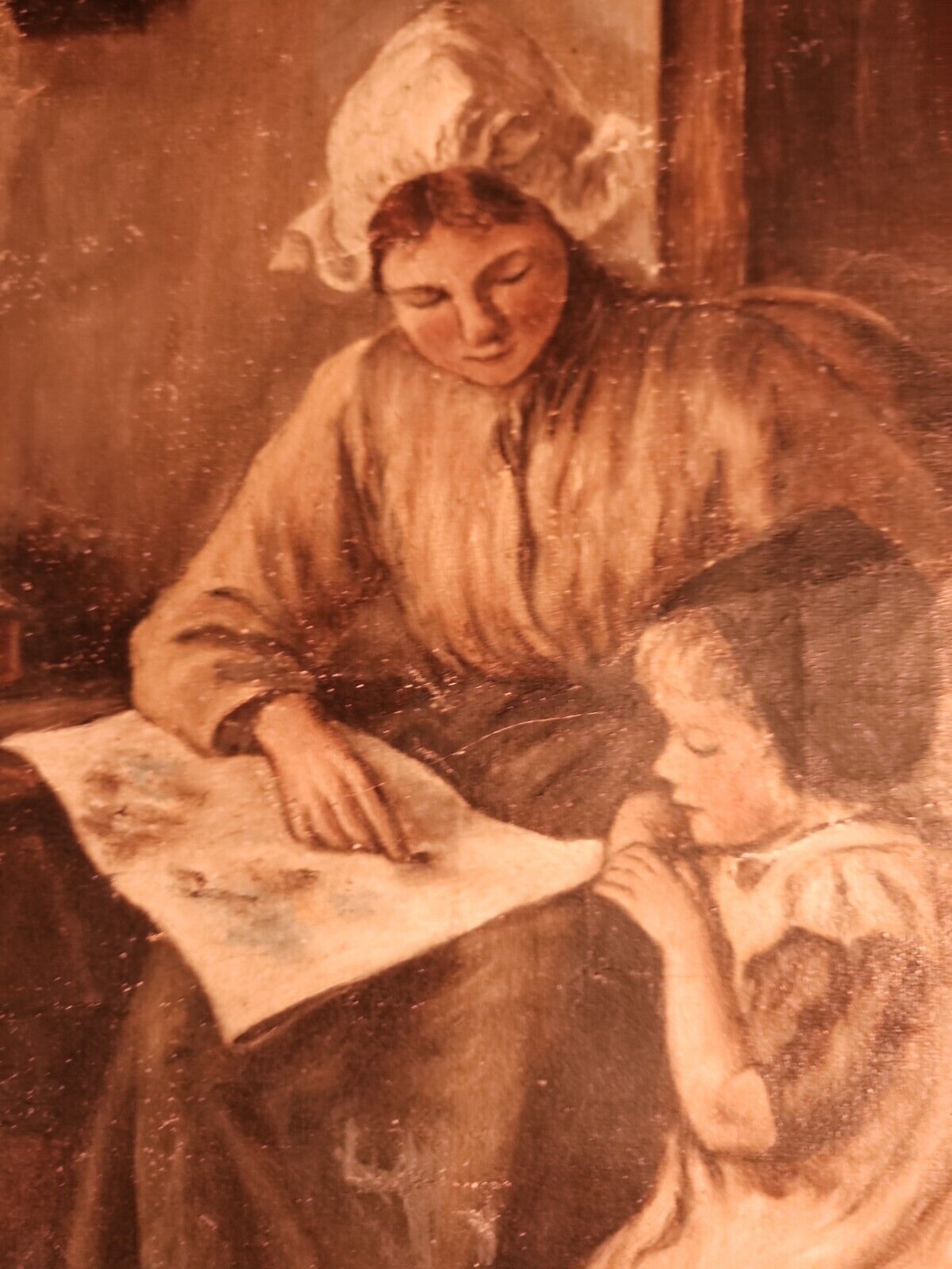 1800s Genre Painting: Young Girl Learning Colors - Rare