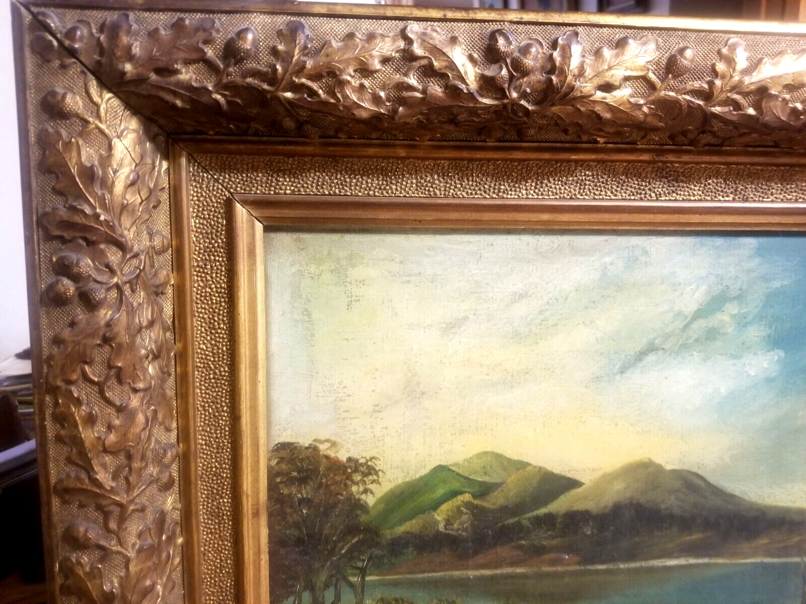 1800s Folk Art Mountain Lake Painting in Acorn Frame
