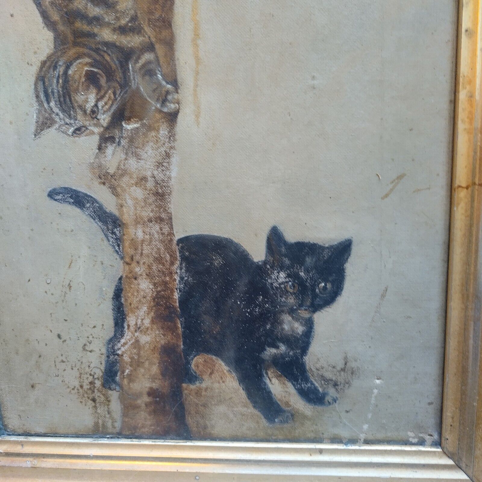 1800s Primitive American Folk Art Cat Kittens Painting