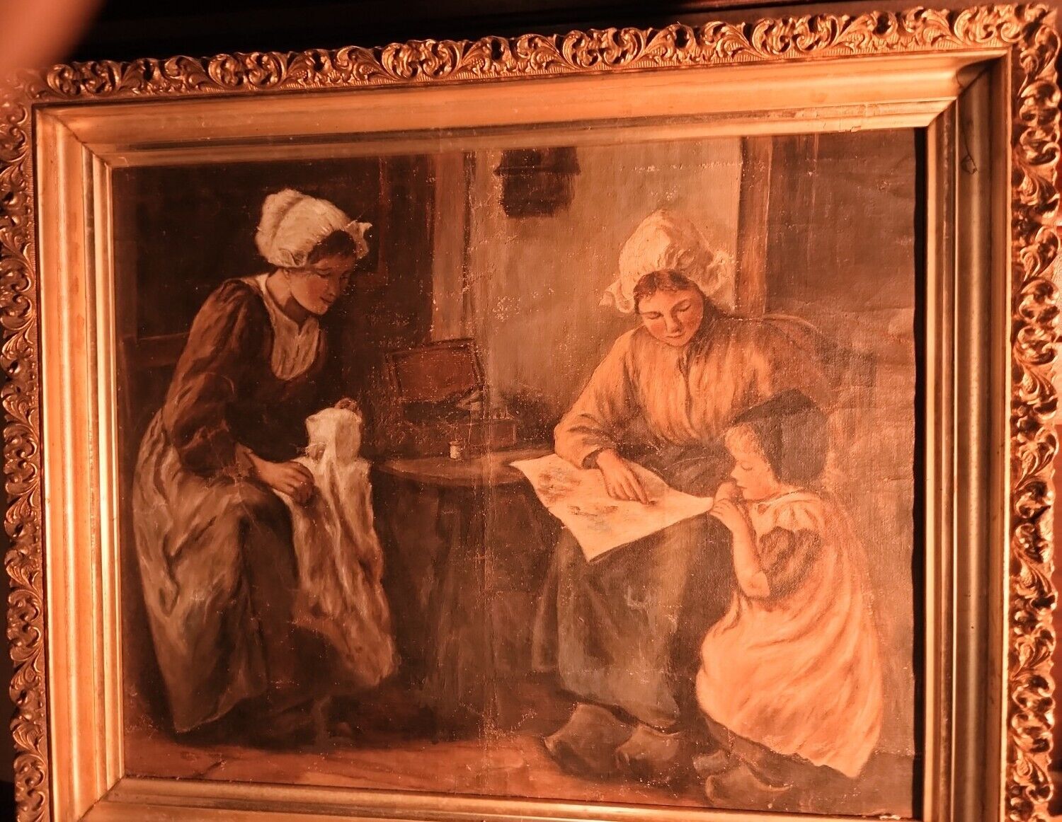 1800s Genre Painting: Young Girl Learning Colors - Rare