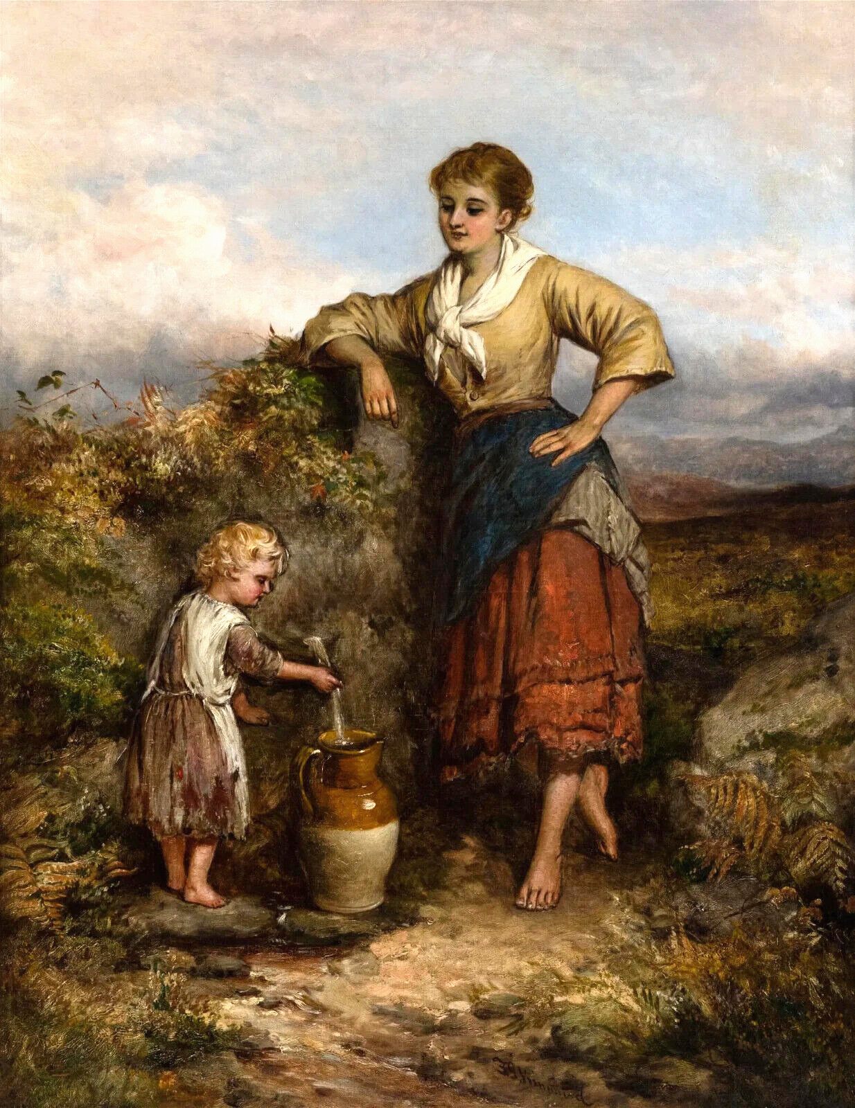 Figural Antique Painting by Frederick Kinnaird, "At the Spring
