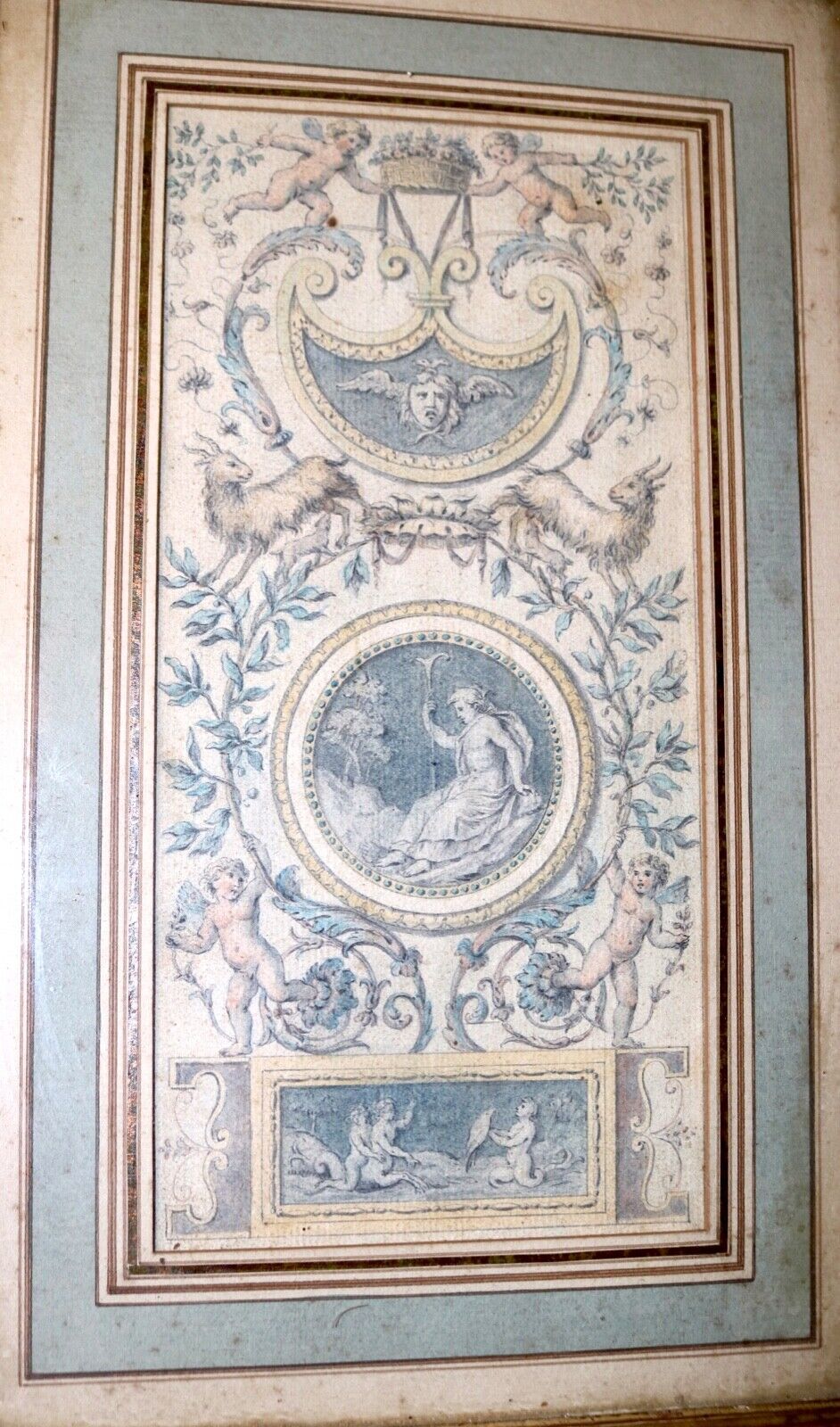 1700's Italian fresco design figural gouache drawing painting