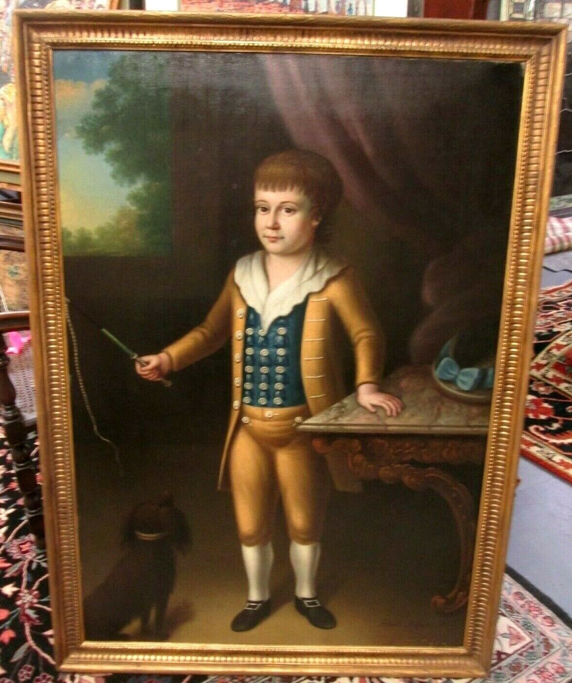 18th Century Framed American Portrait Painting - Boy with Dog