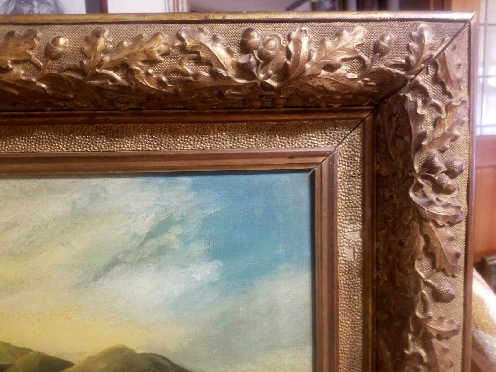 1800s Folk Art Mountain Lake Painting in Acorn Frame