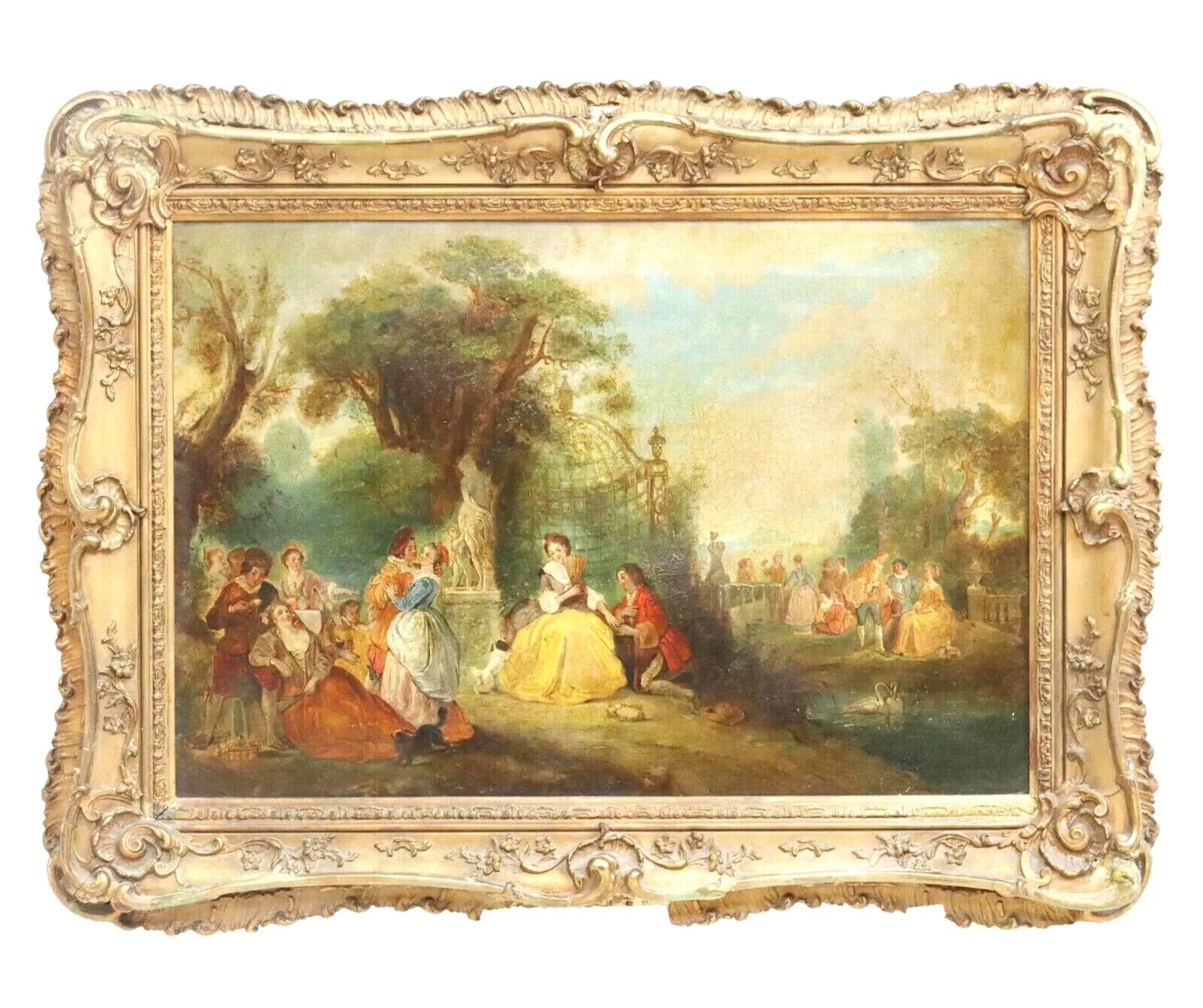 French School Oil Painting, Fete Champetre in Gold Frame