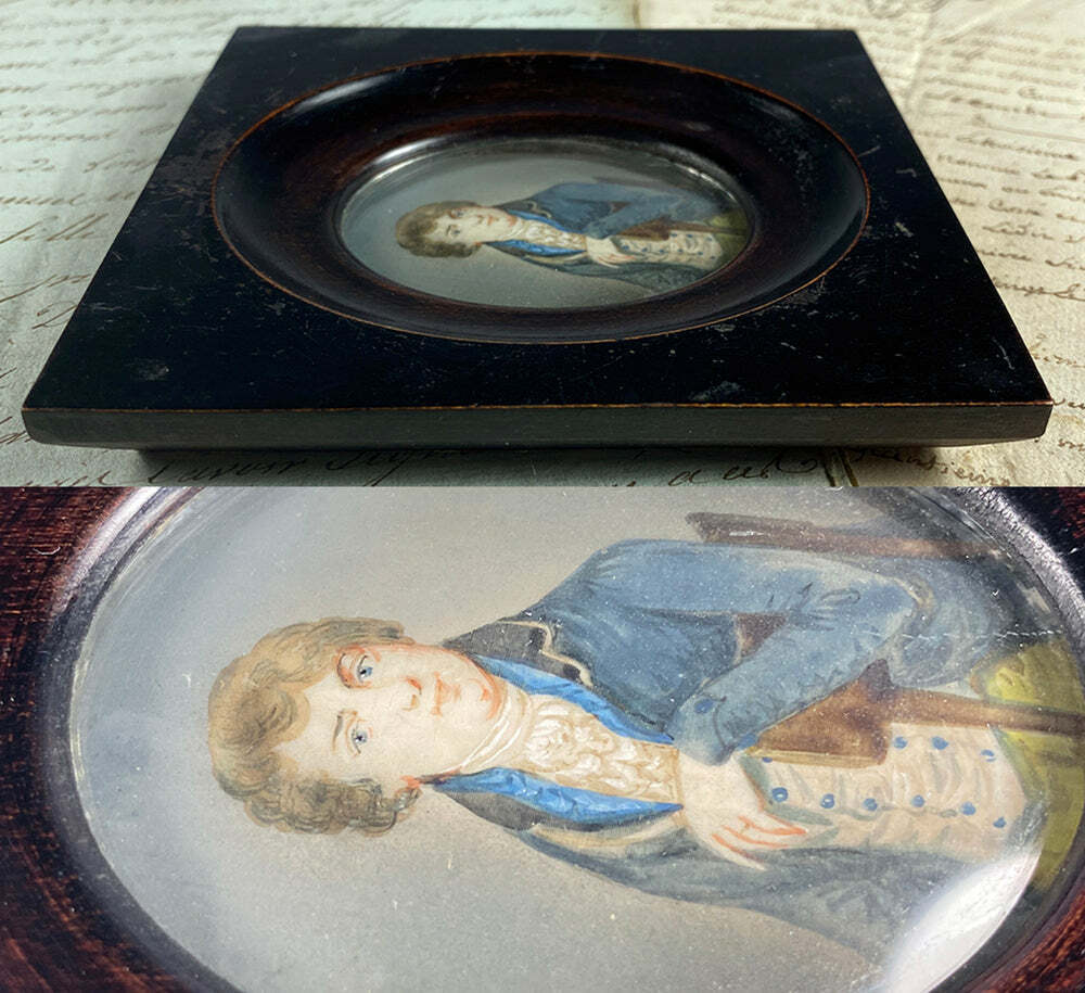 18th Century French Gentleman Miniature Portrait, Ebony Frame
