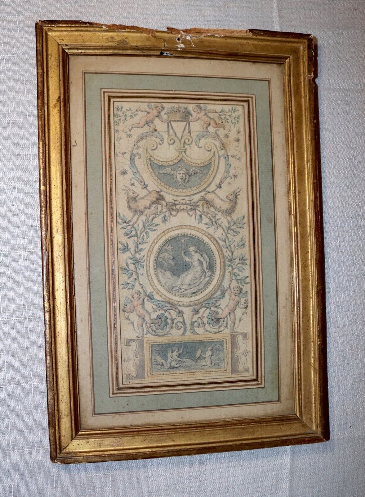 1700's Italian fresco design figural gouache drawing painting