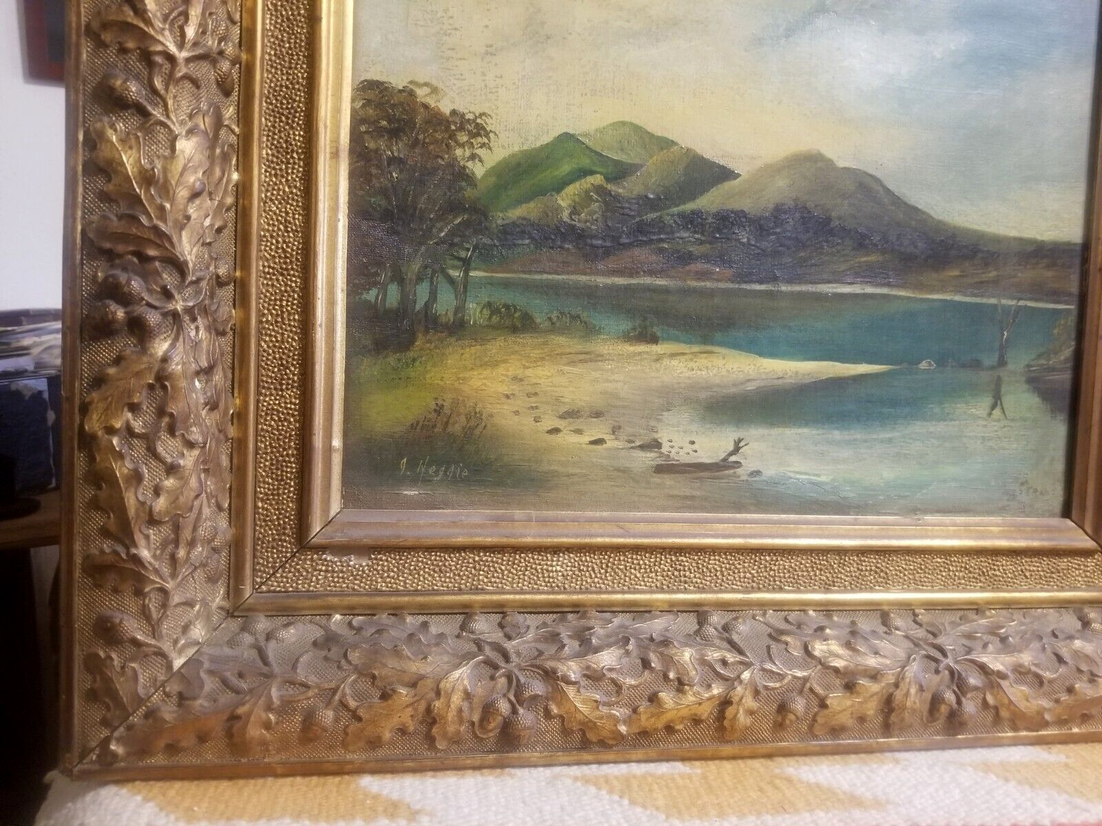 1800s Folk Art Mountain Lake Painting in Acorn Frame