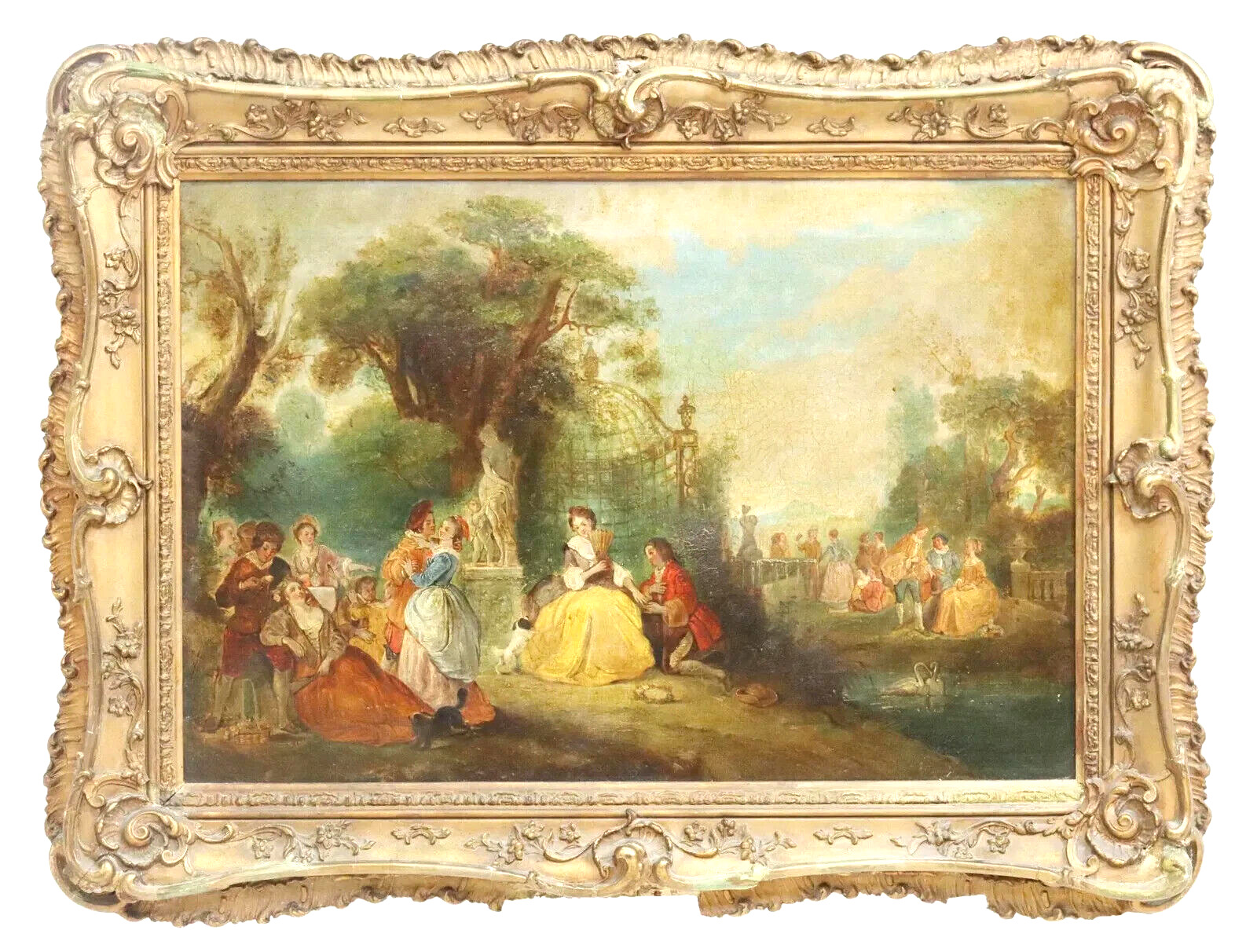 French School Oil Painting, Fete Champetre in Gold Frame