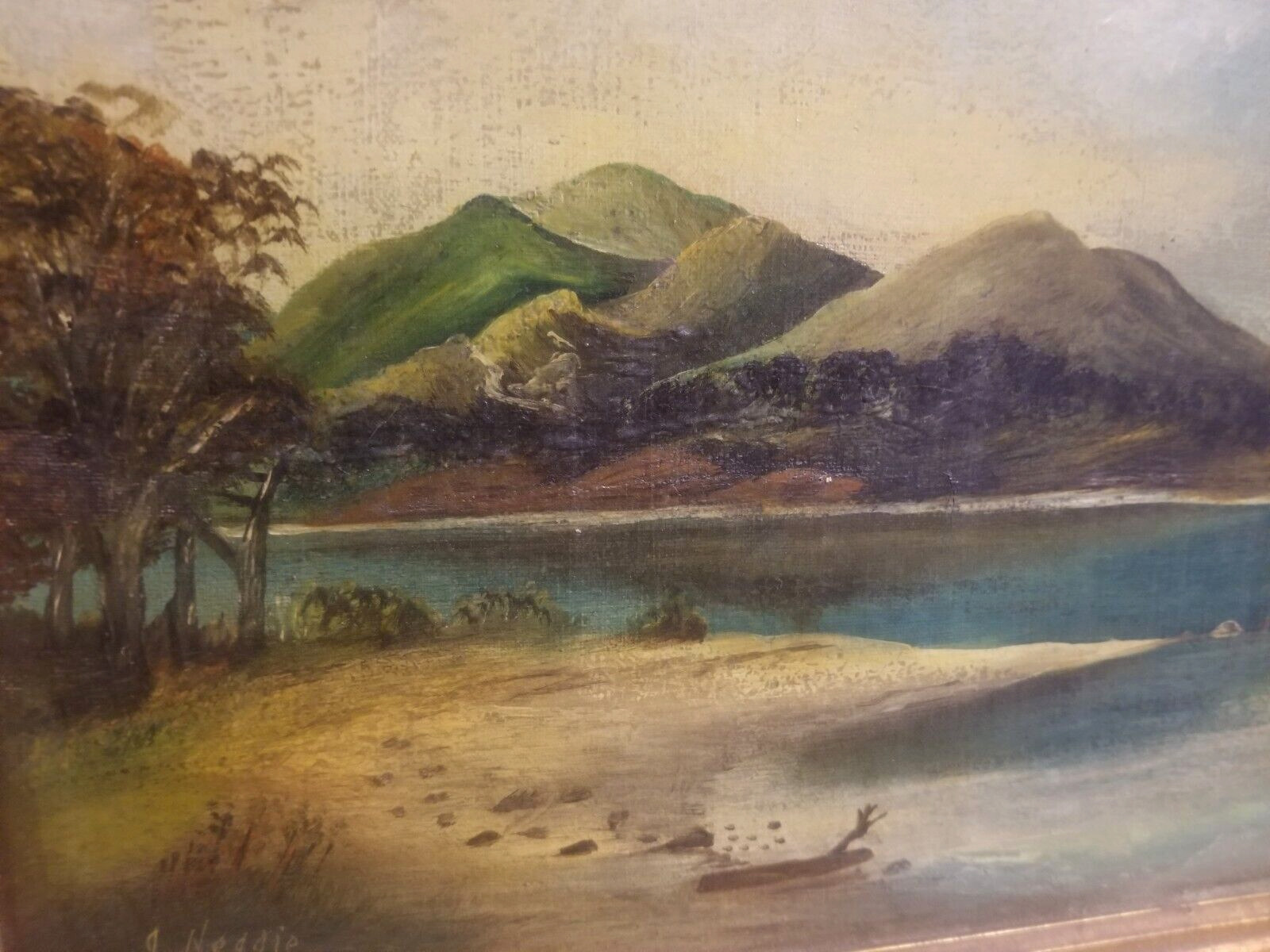 1800s Folk Art Mountain Lake Painting in Acorn Frame