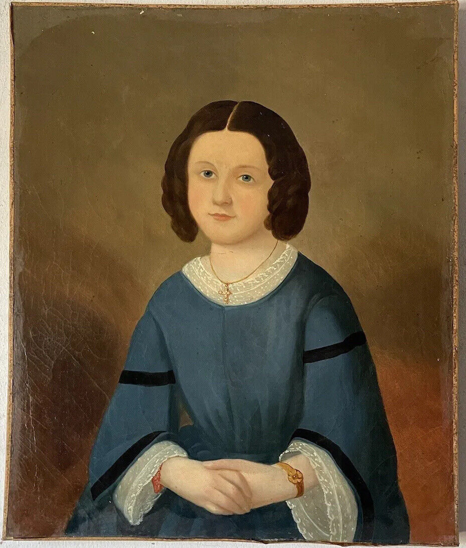 18th Century Primitive Folk Art Woman Portrait Oil Painting
