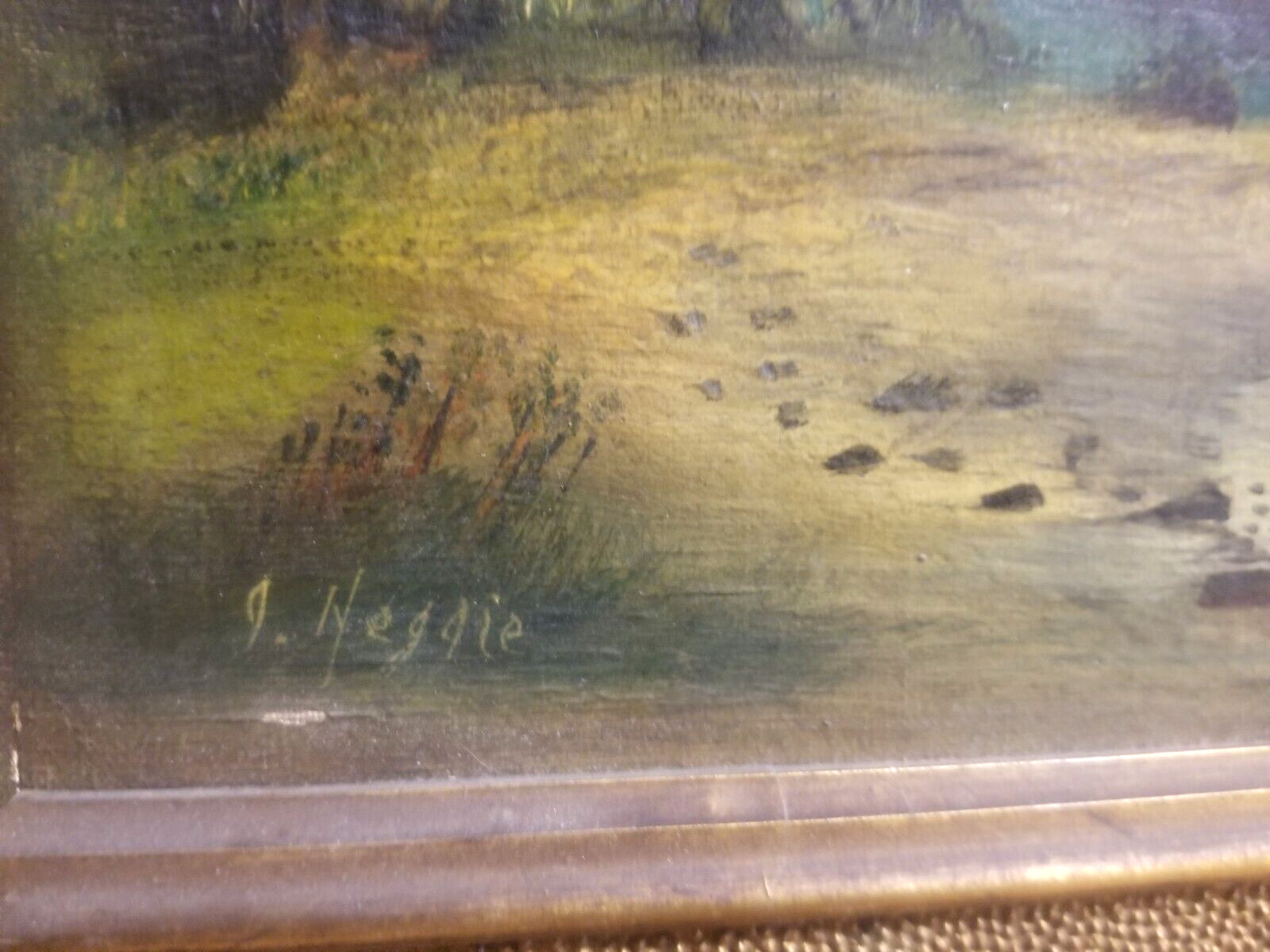 1800s Folk Art Mountain Lake Painting in Acorn Frame