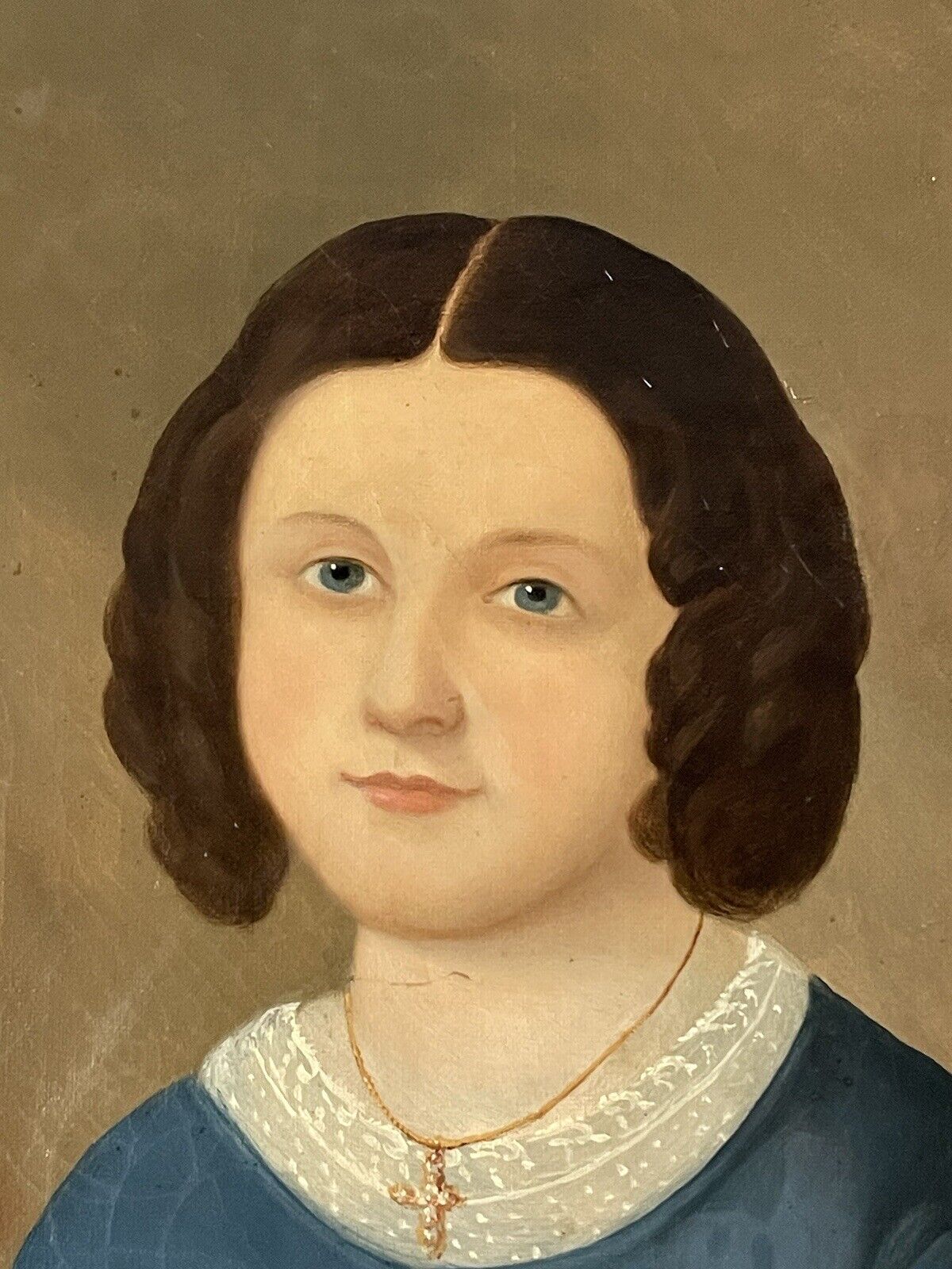 18th Century Primitive Folk Art Woman Portrait Oil Painting