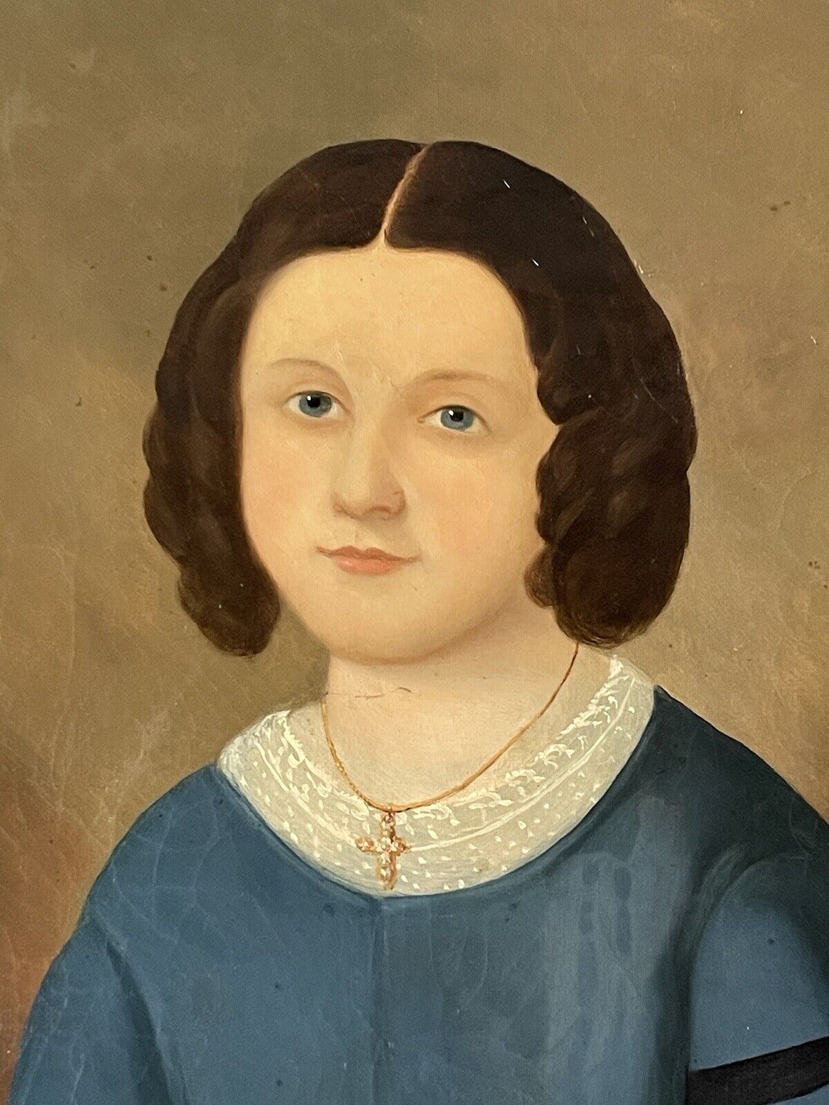 18th Century Primitive Folk Art Woman Portrait Oil Painting