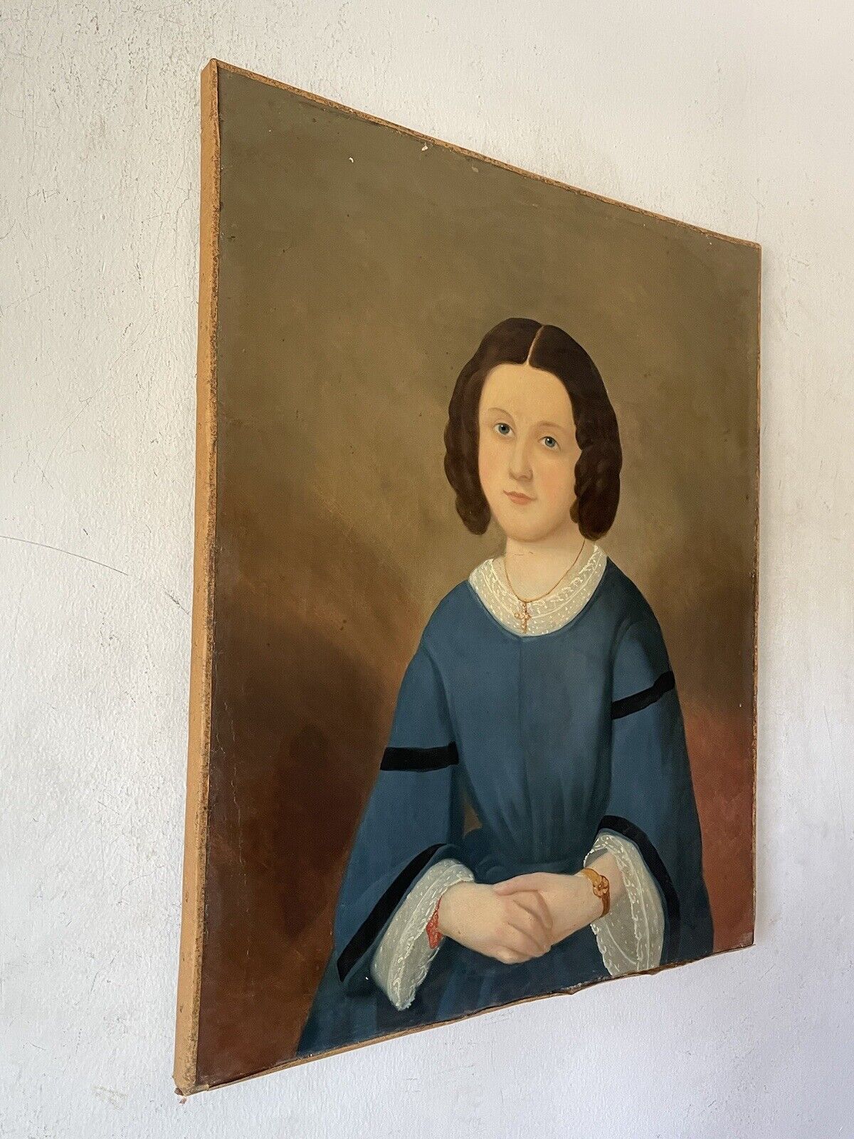 18th Century Primitive Folk Art Woman Portrait Oil Painting