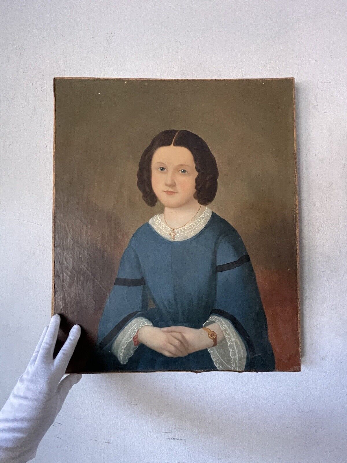 18th Century Primitive Folk Art Woman Portrait Oil Painting
