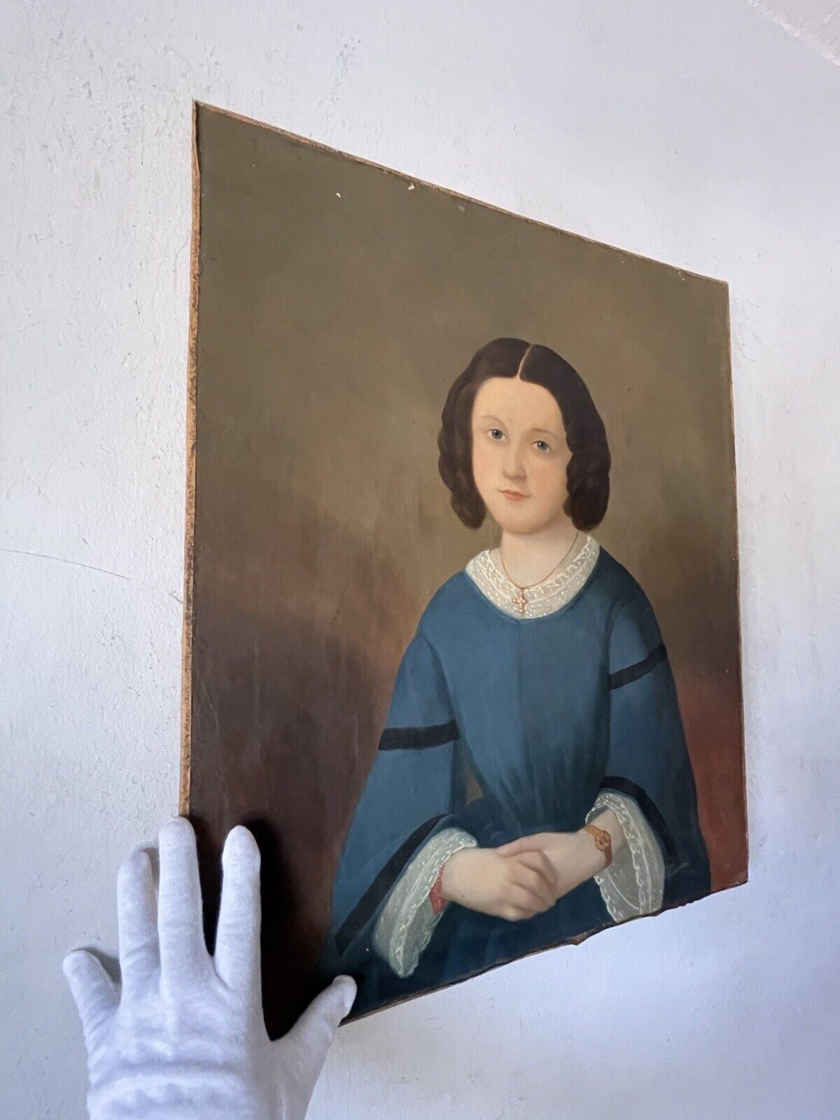 18th Century Primitive Folk Art Woman Portrait Oil Painting