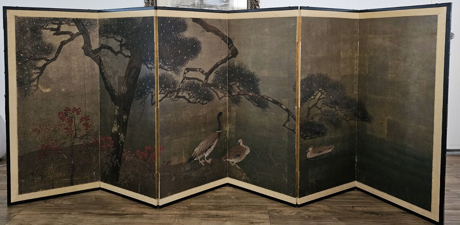17th Century Japanese Edo Era 4-Panel Hand-Painted Screen