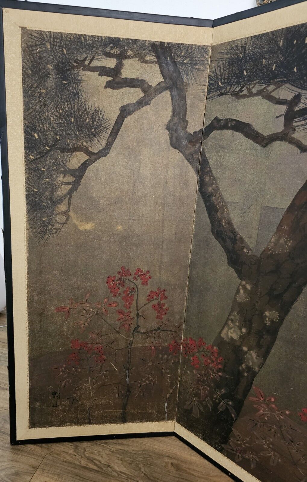 17th Century Japanese Edo Era 4-Panel Hand-Painted Screen