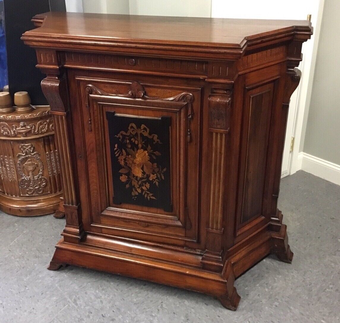 Victorian Walnut Inlaid Credenza Cabinet - Antique Vintage