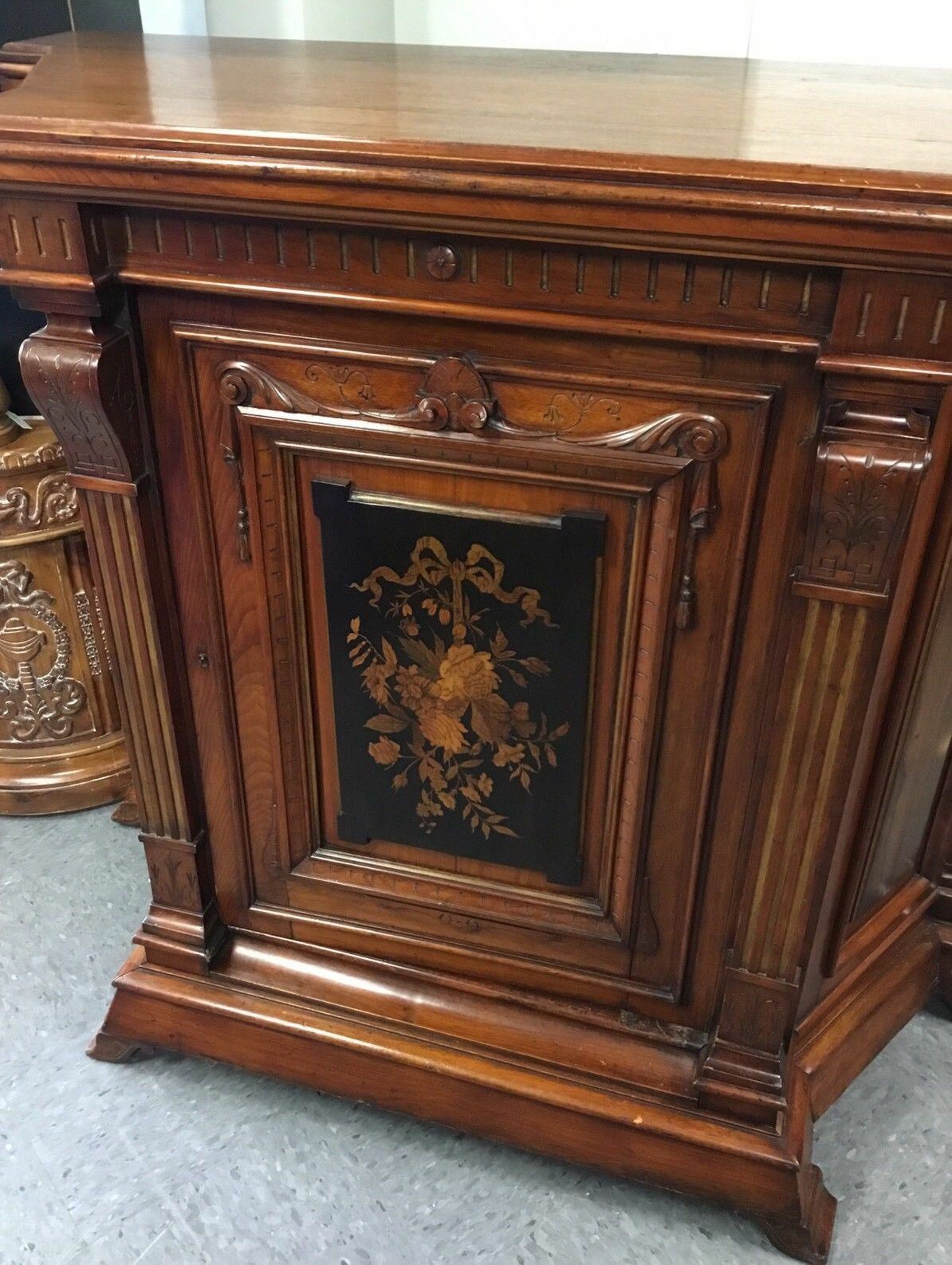 Victorian Walnut Inlaid Credenza Cabinet - Antique Vintage