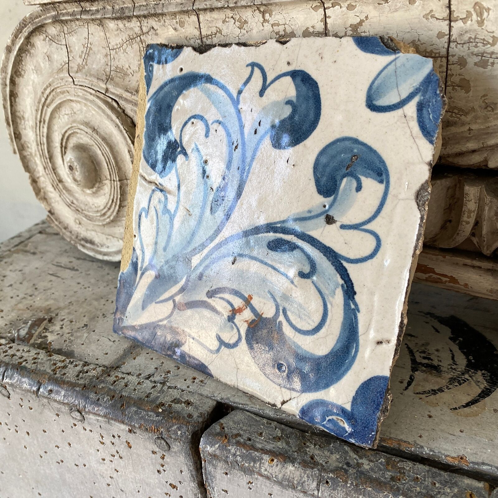 17th century Antique blue Portuguese Tile hand painted