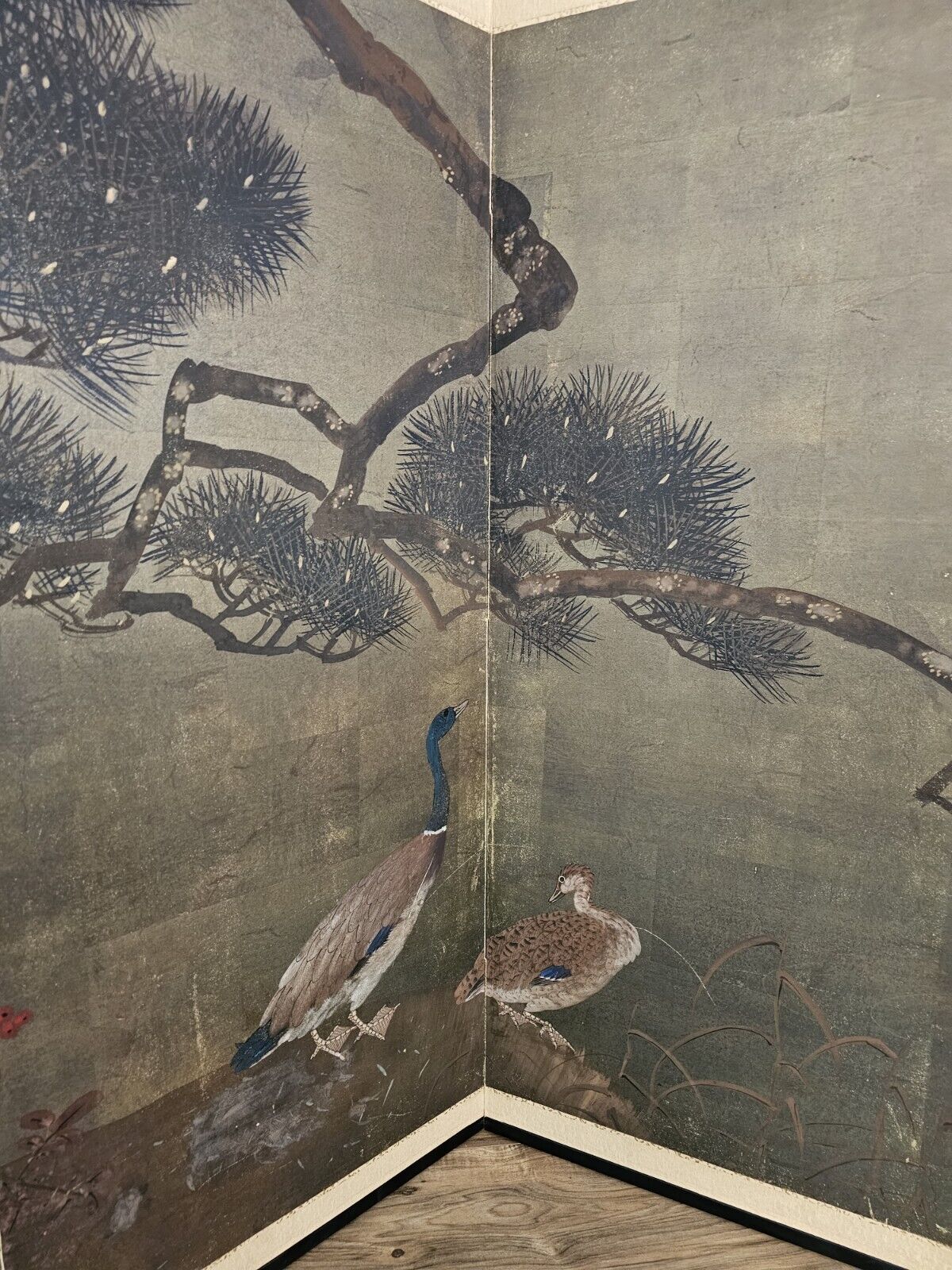 17th Century Japanese Edo Era 4-Panel Hand-Painted Screen