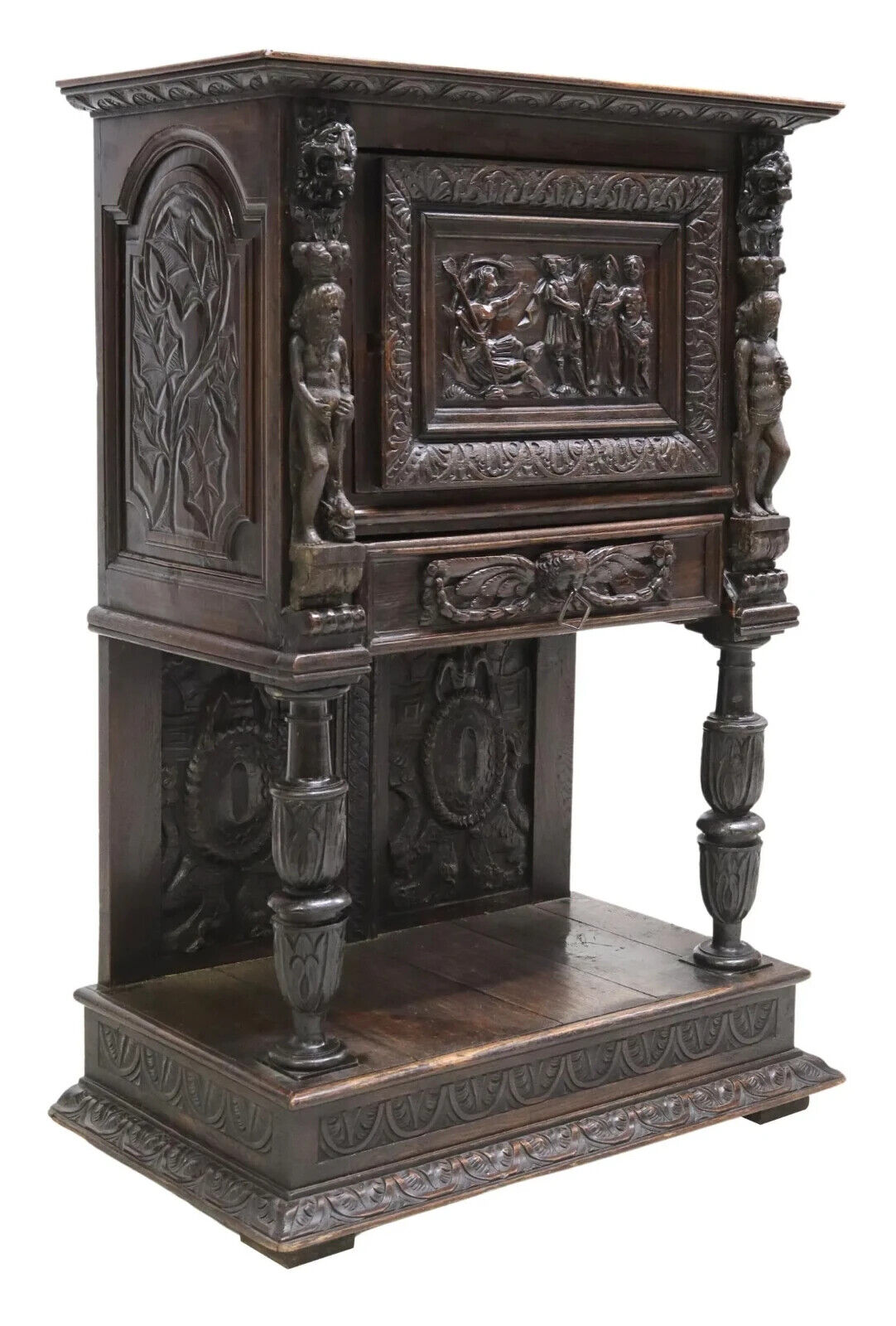 French Renaissance Revival Oak Cupboard with Mask Detail