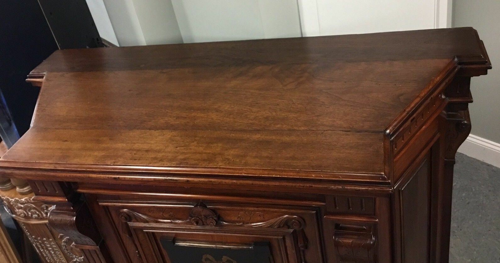 Victorian Walnut Inlaid Credenza Cabinet - Antique Vintage