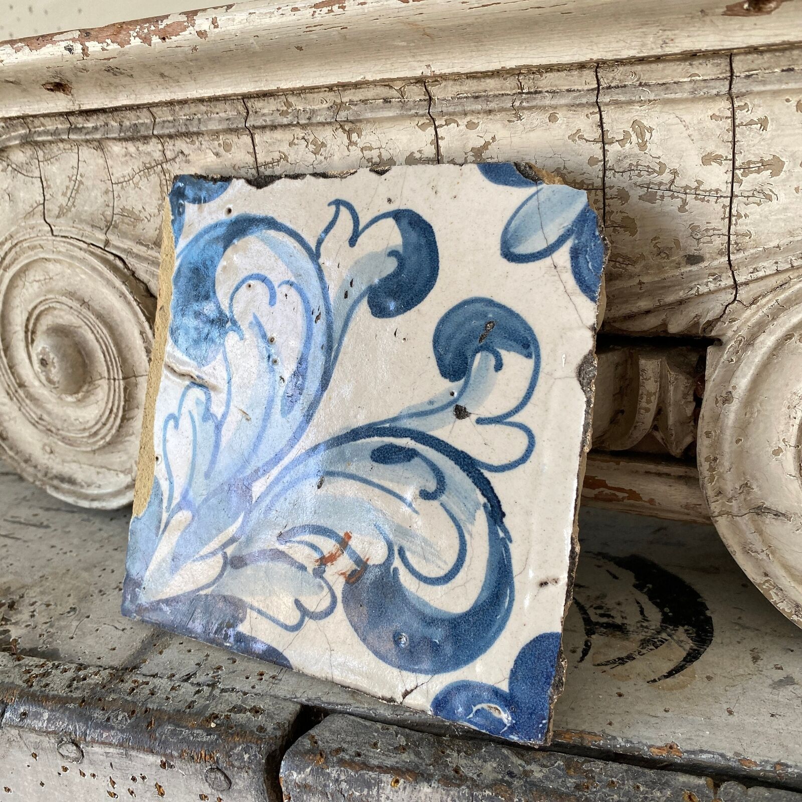 17th century Antique blue Portuguese Tile hand painted