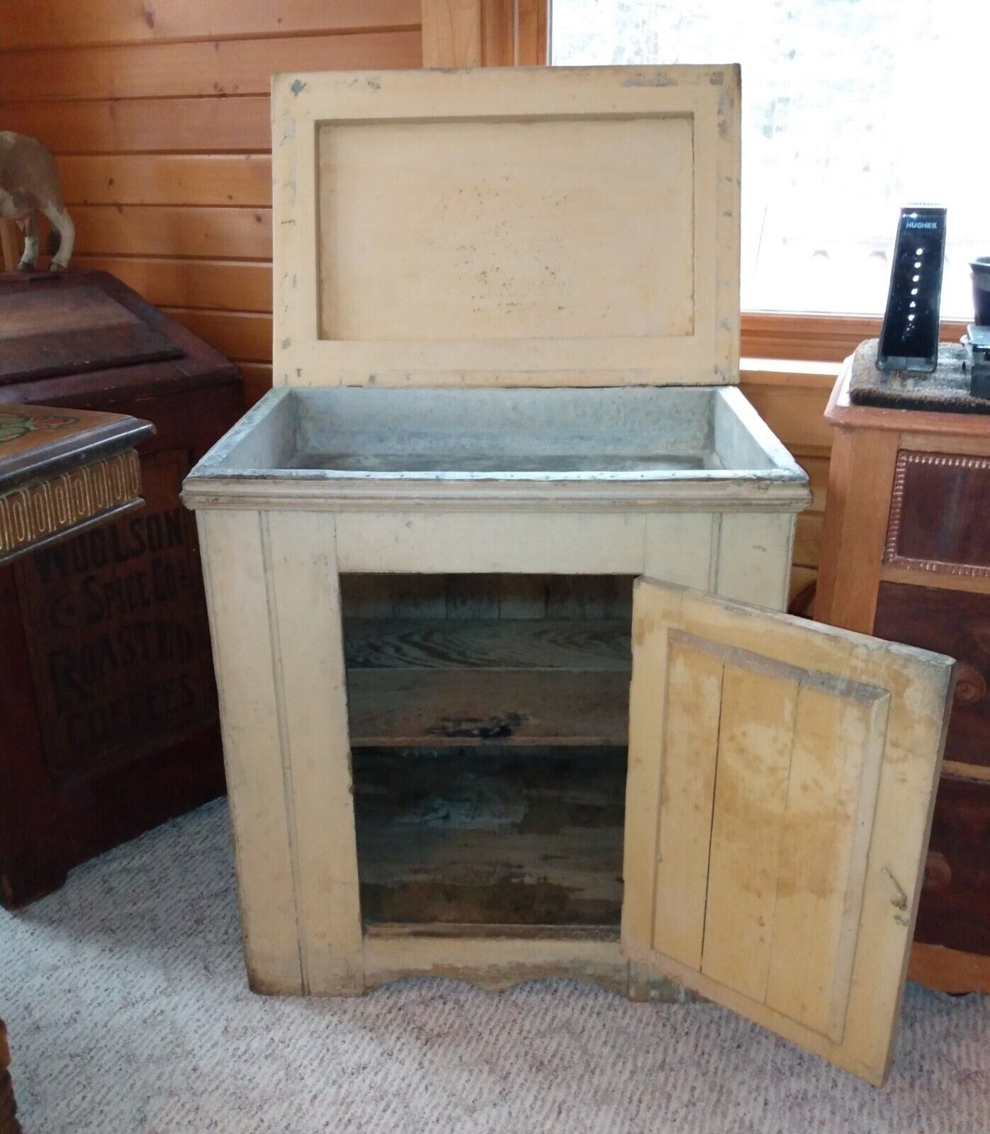 Vintage Buttercream Painted Wainscot Wood Dry Sink Cabinet