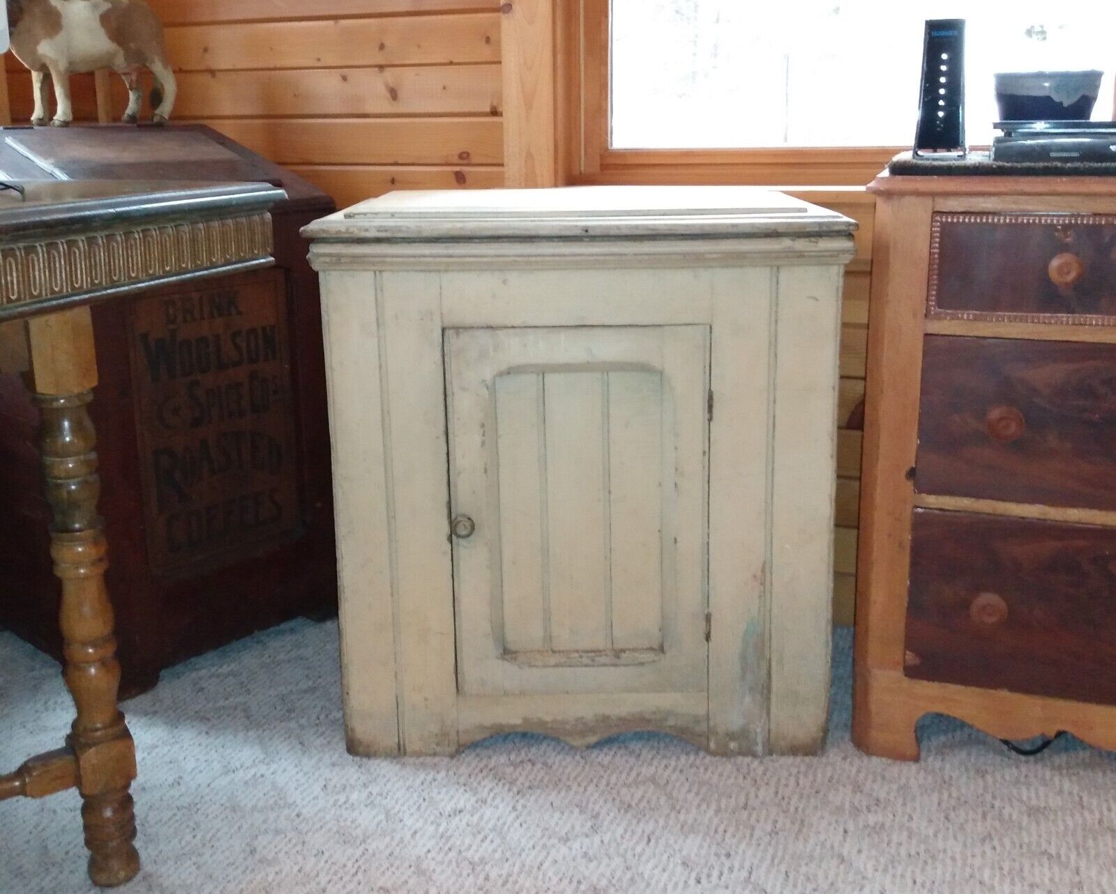 Vintage Buttercream Painted Wainscot Wood Dry Sink Cabinet