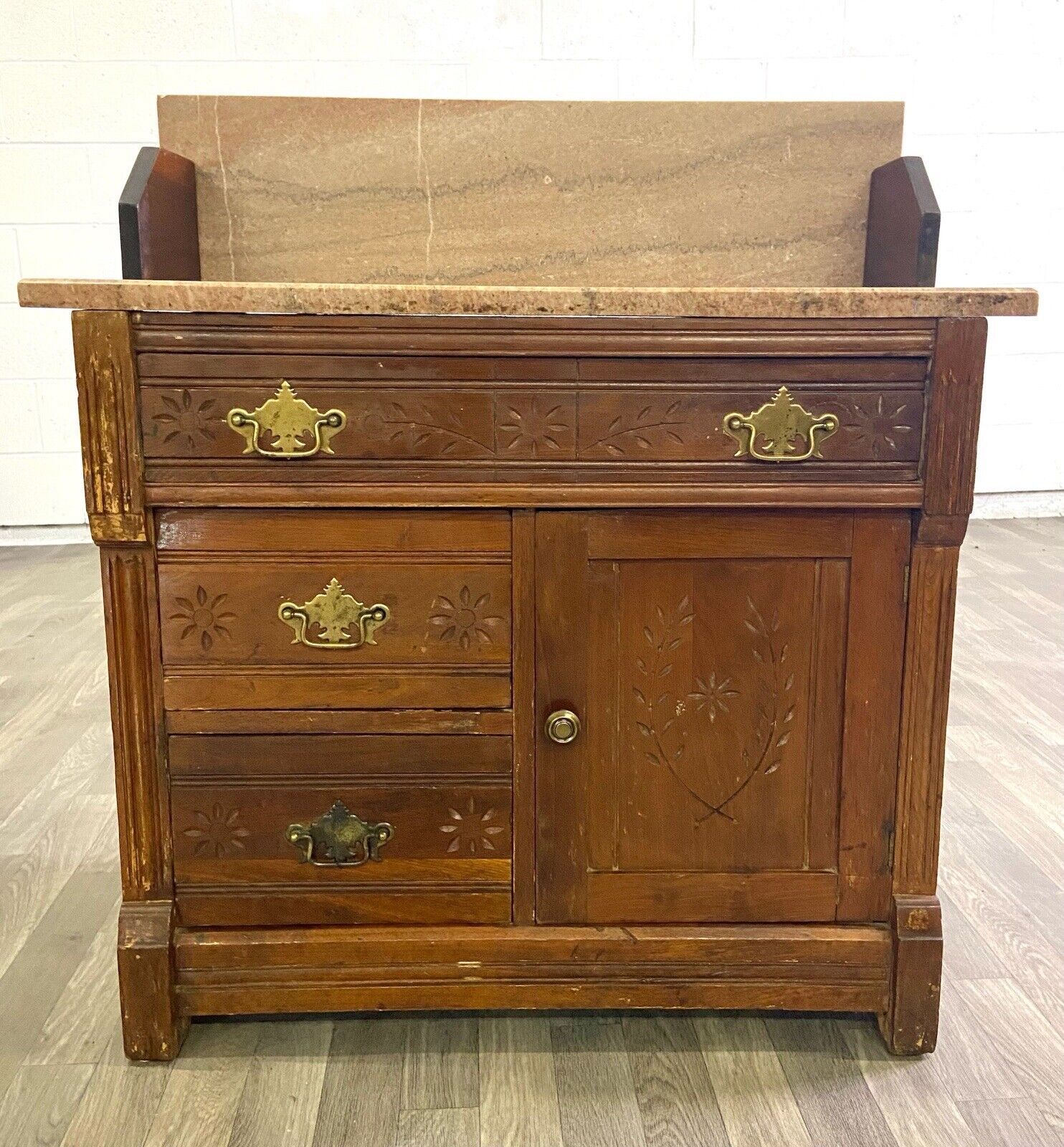 1800s Victorian Eastlake Marble Walnut Cabinet Washstand