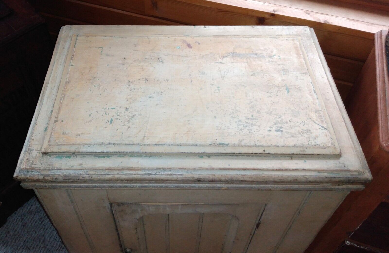 Vintage Buttercream Painted Wainscot Wood Dry Sink Cabinet
