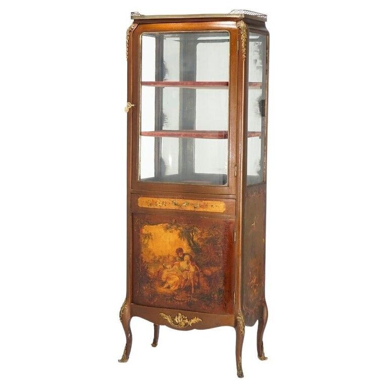 French Vernis Martin Decorated Mahogany Vitrine, Circa 1890